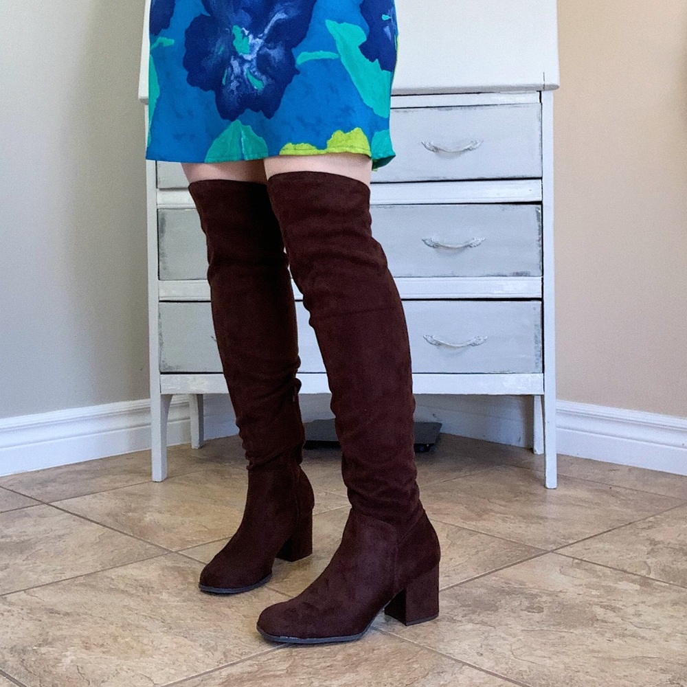 Tall Sueded Brown Block Heel Over The Knee Boots